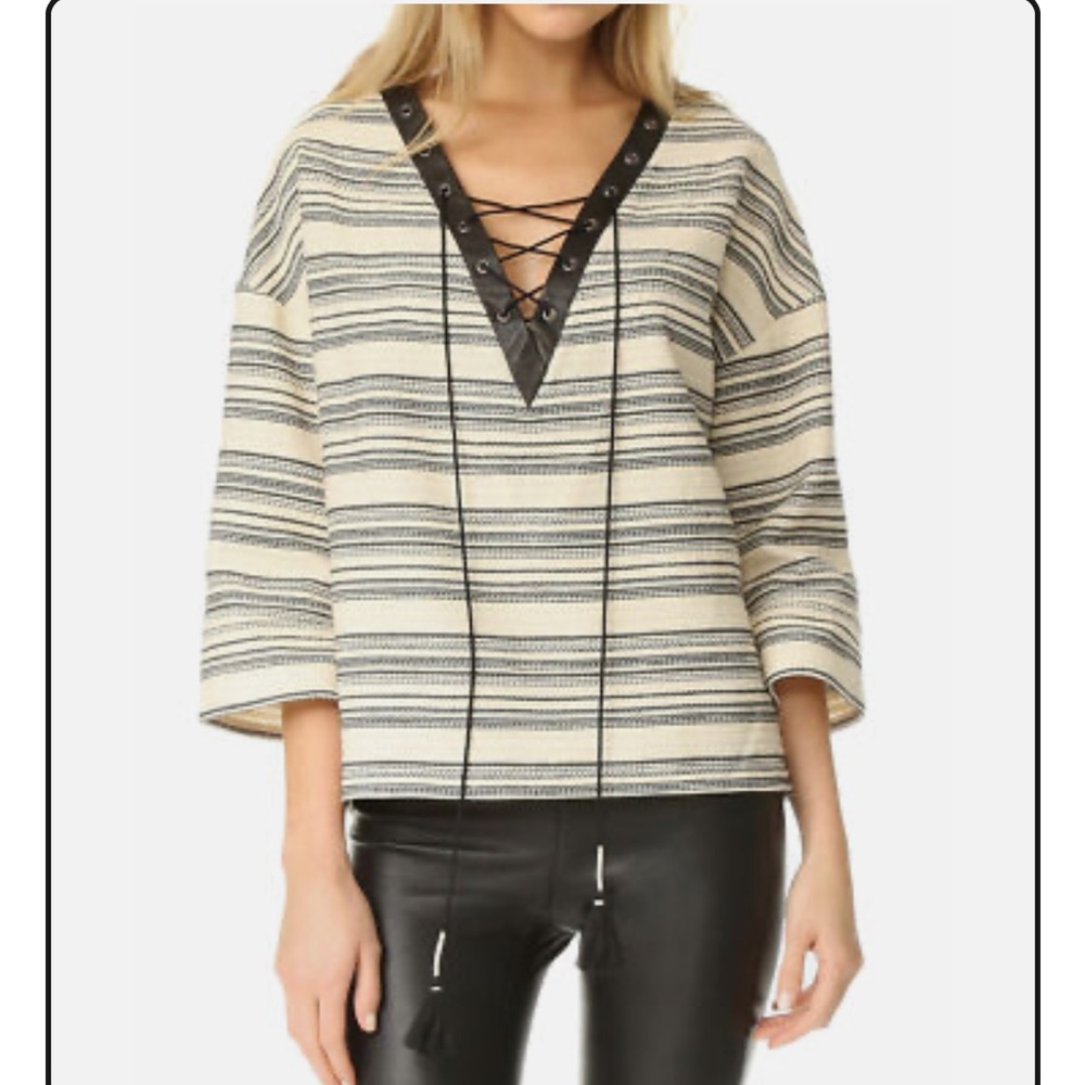 Rebecca Minkoff Black Stripe Lace Up Martin Top Leather Cotton Womens‎